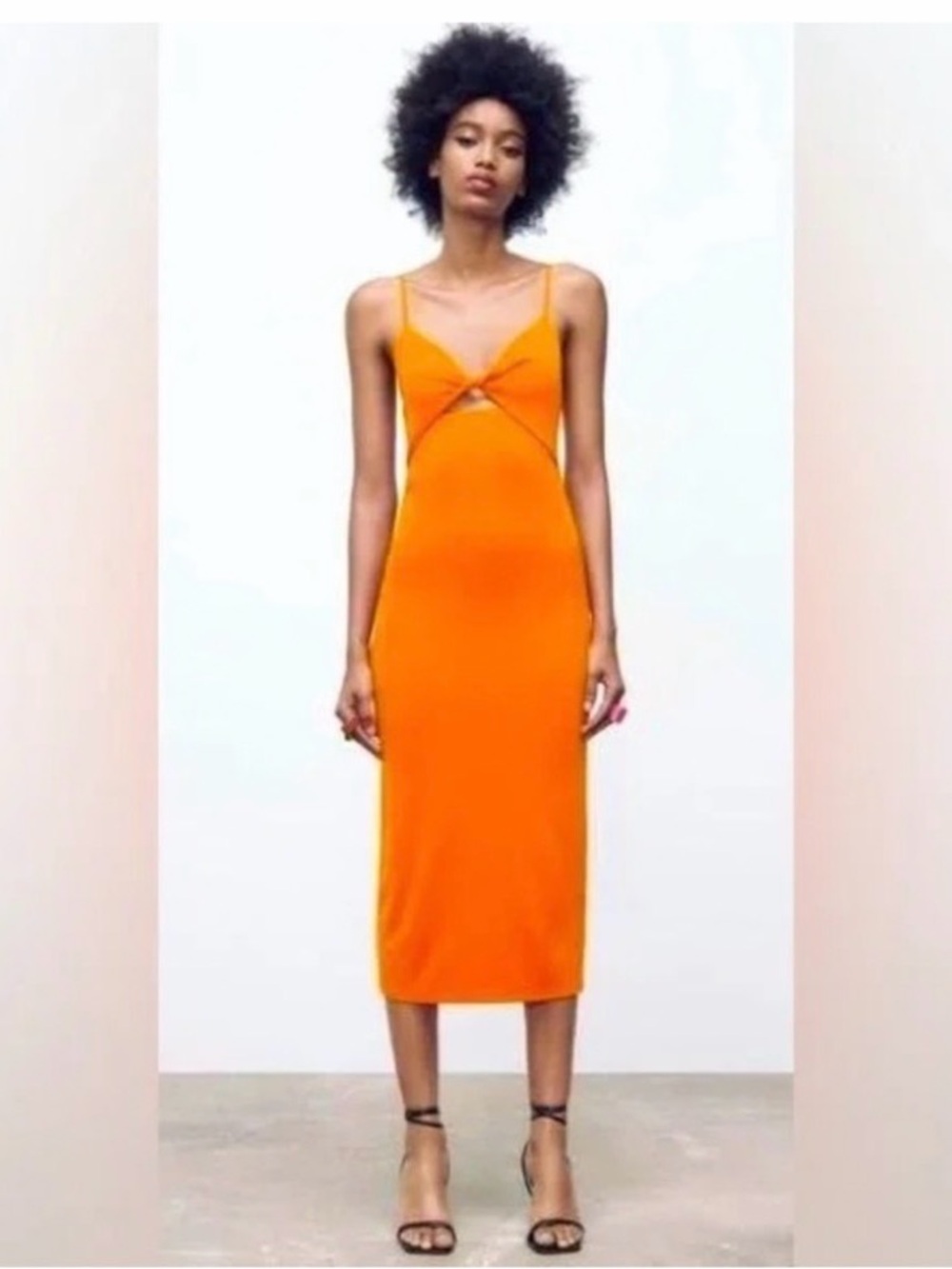 Zara Sleek Orange Twist-Front Midi Dress